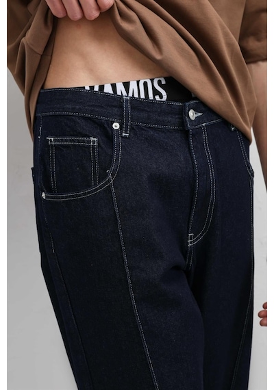 Vamos Dikiş Detaylı Relaxed Fit Jean Koyu Mavi