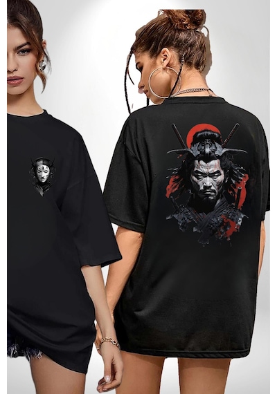 Asyalı Japon Samuray Savaşcı Siyah Oversize Unisex Ön Ve Sırt Baskılı Tişört Siyah