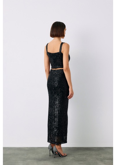 Sateen Pul Payetli Midi Etek - Siyah-135196 Siyah