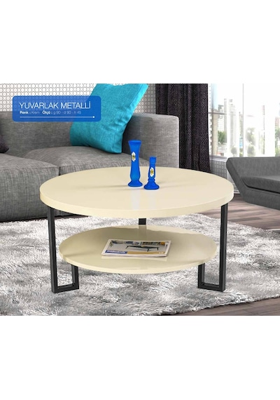 Orta Sehpa Osm Yuvarlak Metalli Model Metal Ayak Parlak Krem Lake