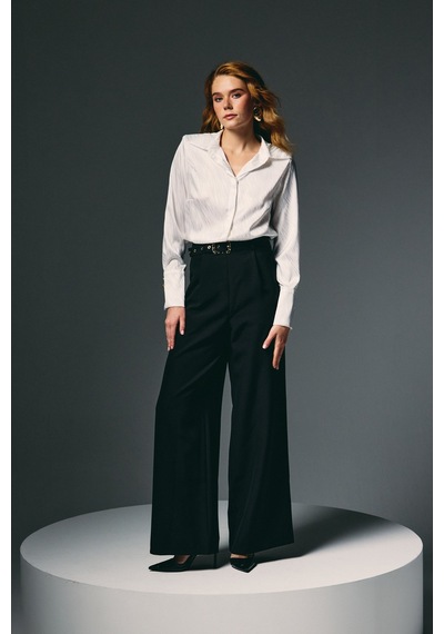 Sateen Kemerli Bol Pantolon - Siyah-136820 siyah