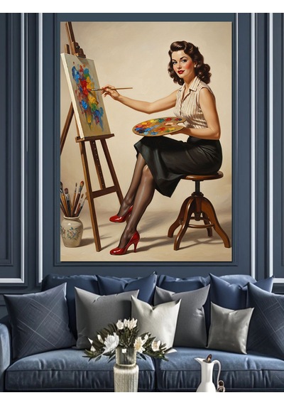 Ahşap Tablo Ressam Kadın Fırça Boya