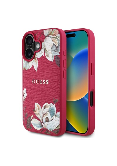 Apple Uyumlu iPhone 16 Kılıf Guess Lisanslı Magsafe Özellikli Taneli Çiçek Tasarımlı Metal Logolu Kapak Fuşya