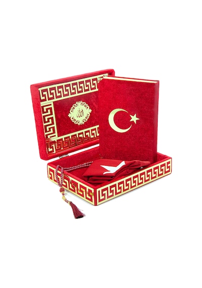 Türk Bayraklı Kuranı Kerim Hediyelik Set Pleksi Süslemeli Kadife Kutu, Bayrak Ve Tesbih