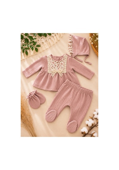 Bymurat Baby Kız Bebek Hastane Çıkışı Seti Şapkalı Çiçek Desenli Yenidoğan Takımı Pembe