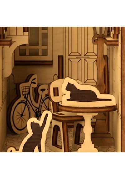 French Yard Diorama Book Nook Ahşap Maket Seti Dıy Miniatür Kedili Fransız Avlusu Peri Led'li Kitaplık Dekoru