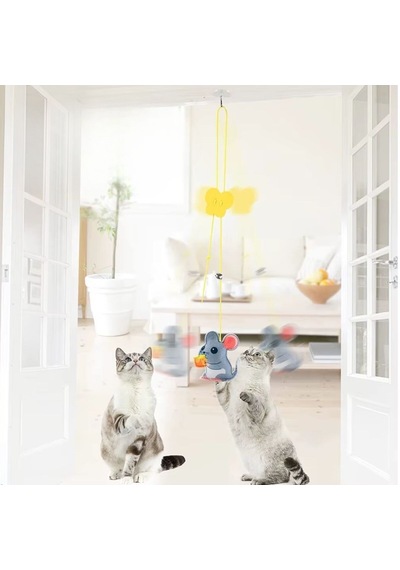 Yusa Stores Kendiliğinden Yapışkanlı Uzun İpli Tüylü Zilli Peluş Kedi Oyun Oltası Kedi Oyuncağı