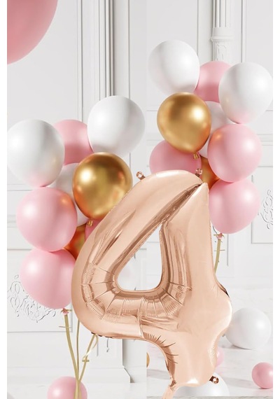 4 Yaş Retro Gold Pembe Beyaz Balon Seti Rose Gold Rakamlı Doğum Günü Balonu Şık Parti Süsleme Çok Renkli