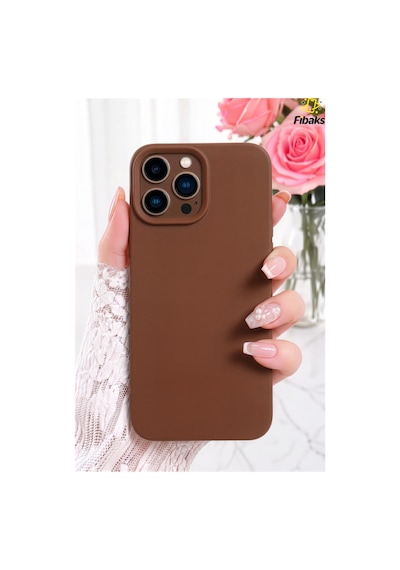 Fibaks iPhone 16 Pro Max Uyumlu Kılıf Kadife Lansman Soft Yumuşak Liquid Silikon Kamera Korumalı Kapak Kahve