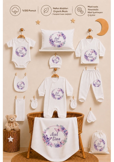 Pia Baby Kız Bebek Hastane Çıkışı 12 Parça %100 Pamuk İsme Özel Organik Baskılı Kese Hediyeli 101811k0x Ekru