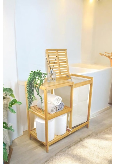 Digithome Bambu 3 Raflı Kumaş Sepetli Banyo Düzenleyici Kirli Çamaşır Sepeti D/8 Jw-22750 Naturel