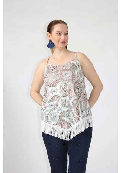 Moda Berray 3280 Etnik Desenli Eteği Saçaklı İnce Askılı Yazlık Bluz Beyaz