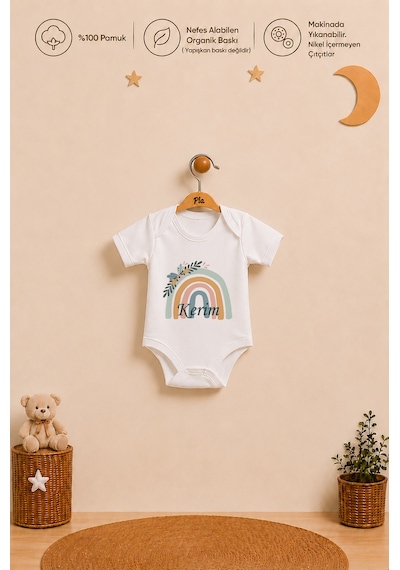 Pia Baby Erkek Bebek İsme Özel Hediye Seti 2'li %100 Pamuk Organik Baskılı Body Zıbın Ve Ham Bez Kıyafet Kesesi 1074b2k0x Krem