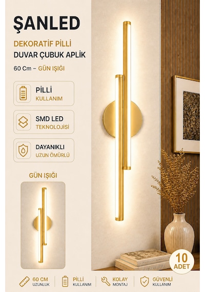 Dekoratif 20w İç Mekan Gold Kasa Gün Işığı 60 Cm Duvar Aplik Pilli 10 Adet