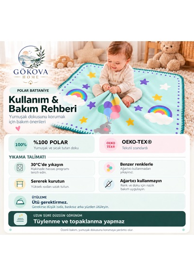 Uçan Fil ve Gökkuşağı Serisi Çoban Dikişli %100 Polar Bebek Battaniyesi 80x100 CM Oeko-tex Mint Yeşili