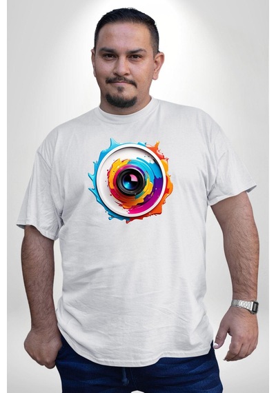 Angemiel Fotoğraf Makinesi Camera Lens Beyaz Büyük Beden Kadın Erkek Ünisex Basic Ön Baskılı Tişört Beyaz
