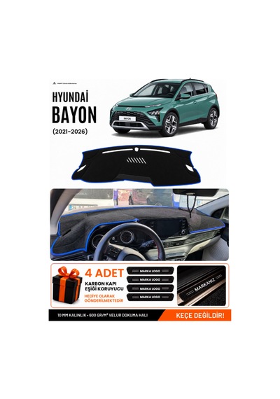 Hyundai Bayon 2021-2026 Uyumlu Torpido Koruma, Torpido Örtüsü, Torpido Kılıfı - Siyah-mavi - Hu012