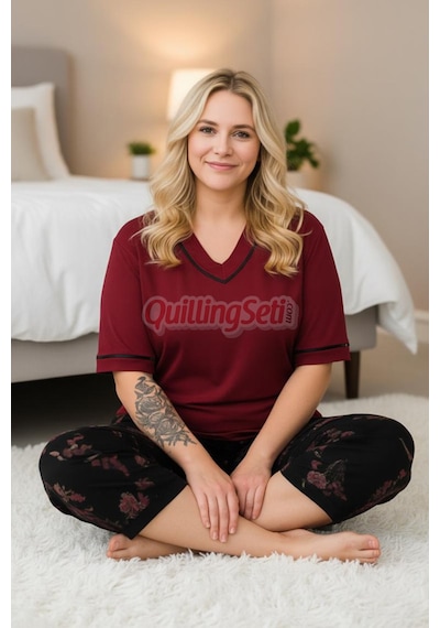 Lady Bordo Renk Ve Çiçek Desenli 10736 Pamuklu Büyük Beden Kapri Anne Pijama Takımı