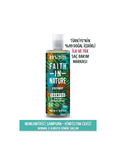 Faith in Nature %99 Doğal Nemlendirici Şampuan Hindistan Cevizi Normal & Kuruya Dönük Saçlar İçin 400 ML