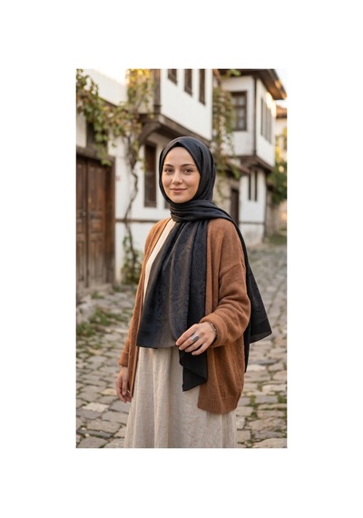 Nukra Jakarlı Pamuk Tesettür Şal Osmanlı Desen Siyah 70 X 190 Cm