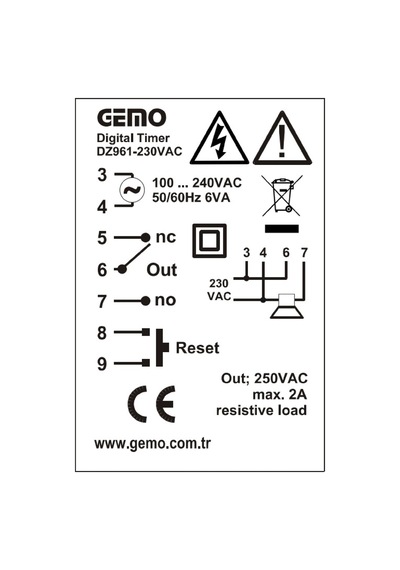 Gemo Dz961-230vac ,96x96mm 110v..220vac Kontak-1a1k Reset Girişli Zaman Röle