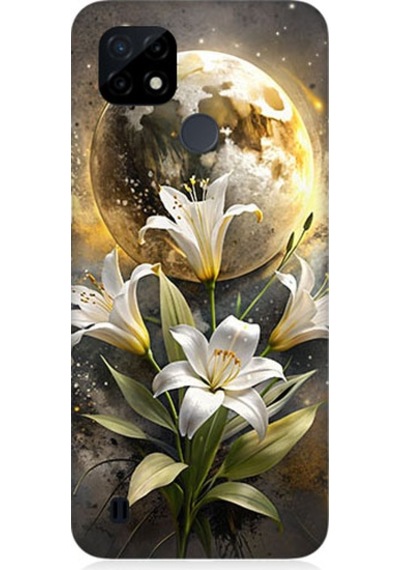 Realme C21 Uyumlu Ay Ve Çiçek Desenli Silikon Kılıf