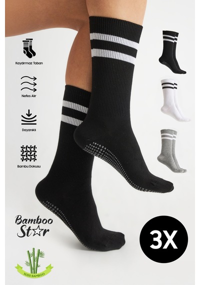 Bamboo Star Bambu Kadın Kaydırmaz Taban Silikon Baskı Yoga Fitness Pilates Bale Dans Kaymaz Tenis Çorabı 3'lü Siyah - Beyaz - Gri