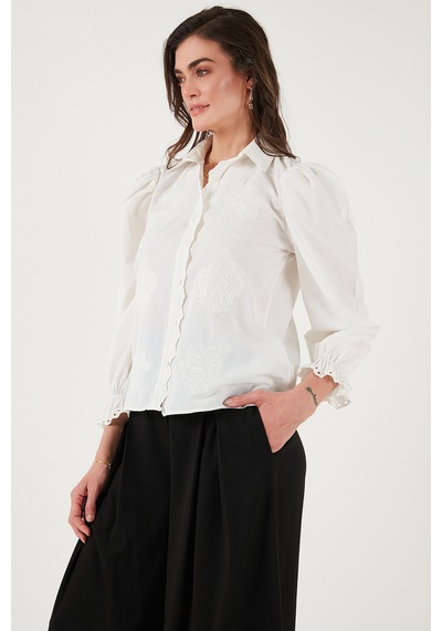 Lela Pamuklu Slim Fit Nakışlı Balon Kol Bayan Gömlek 676208 Ekru