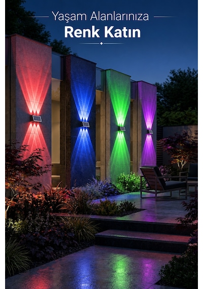 2 Adet Güneş Enerjili Rgb Solar Aplik 6 Led, Renkli Işıklı Otomatik Yanan Dış Mekan Duvar Lambası, Bahçe Balkon Teras Aydınlatması