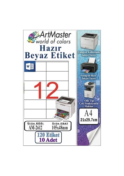 A4 Hazır Beyaz Etiket 105x48 Mm 10 Sayfa 1 Paket 12 Li Kendinden Yapışkanlı Fotokopi Lazer İnkjet Kağıdı Yazıcılar İçin
