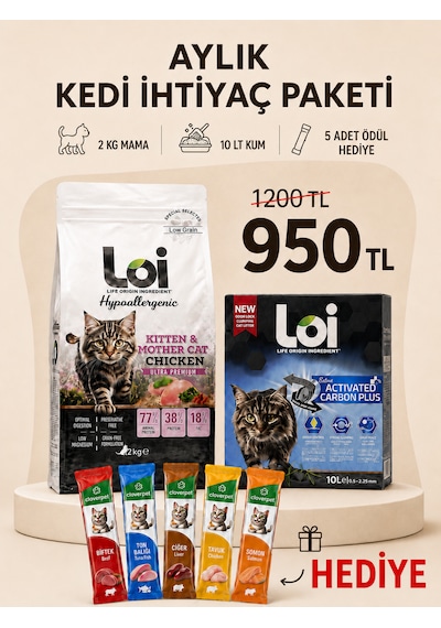Aylık Kedi İhtiyaç Paketi 2 Kg Mama + 10 Lt Kum + 5 Li Karışık Ödül Maması