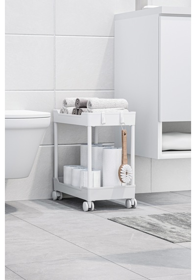 2 Adet Beyaz 2 Katlı Tekerlekli Düzenleyici Mutfak Ve Banyo Rafı