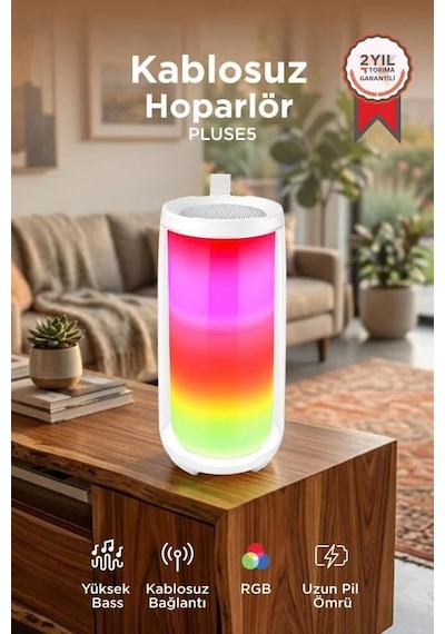Ev Aksesuarı Seyahat Aleti Taşınabilir Ses Bluetooth Hoparlör Rgb Işıklı Speaker Pluse5 Beyaz