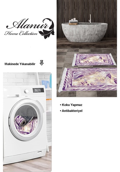Dekoreko Kaymaz Taban Djt 2 Li Banyo Paspas Takımı Star Pamuk Saçaklı Modern 728 Mürdüm