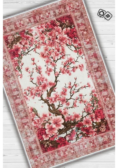 Homshtag Art Deco Bahar Çiçekleri Vintage Halı Görünümlü Dijital Baskı Pembe Halı,rustik Çiçekli Halı Çok Renkli