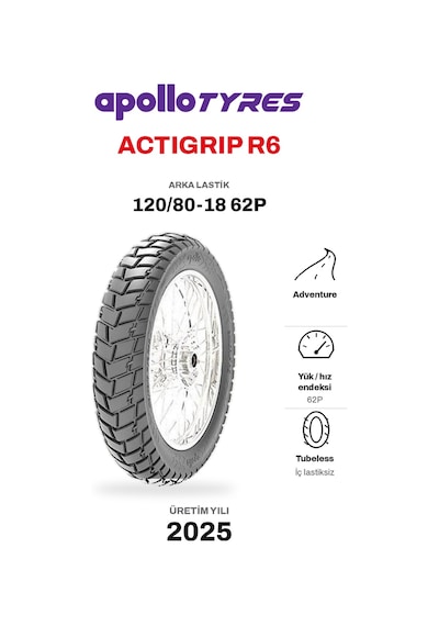 Apollo Actigrip R6 120/80-18 62p Tubeless Arka Motosiklet Lastiği