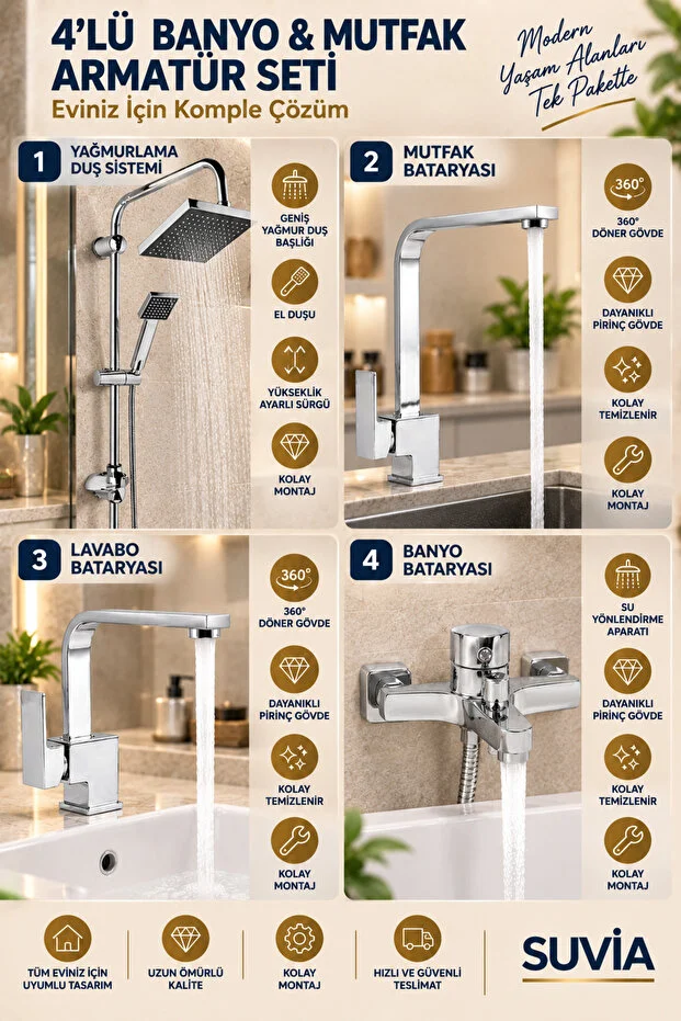 Banyo Batarya Seti 4 Lü Mutfak Lavabo Bataryası Banyo Bataryası Yağmurlama Duş Seti Krom