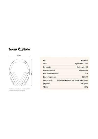 Hybrid Anc Özellikli Kafaüstü Bluetooth Kulaklık, 5.4