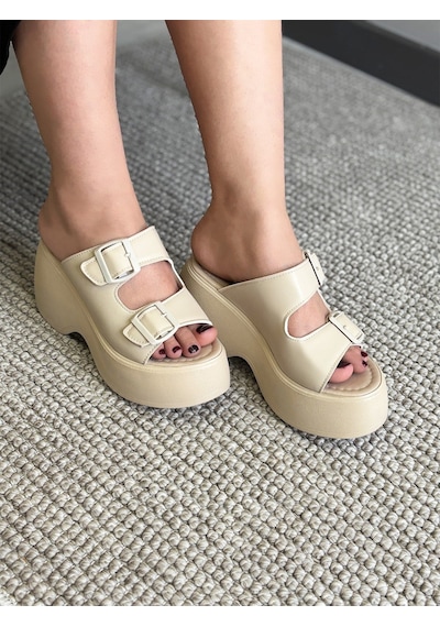 Asmi Shoes Kadın Wera Bej İki Tokalı Kalın Taban Ortopedik Sandalet&terlik