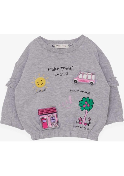 Breeze Kız Çocuk Sweatshirt Okul Temalı 1-4 Yaş, Gri Melanj-gri Melanj Gri Melanj
