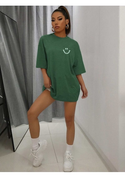 Noıssey Karikatür Ve Grafik Tasarım Oversize T-shirt Cartoon/letter Serisi Kod7 Yeşil