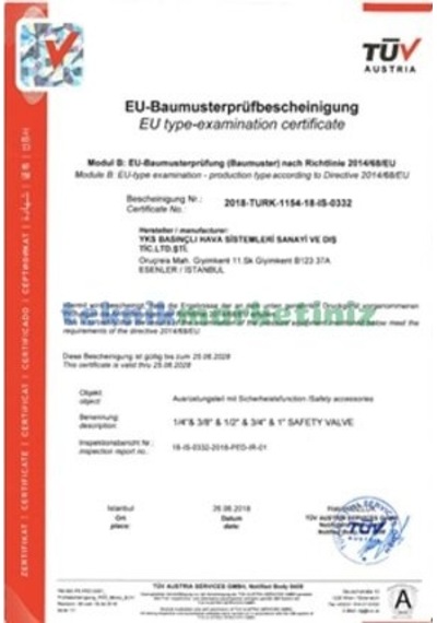1/4" 9 Bar Sabit Basınçlı Mühürlü Yks Ce Belgeli Emniyet Ventili