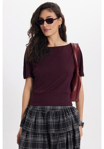 Tudors Kadın Slim Fit Dar Kesim Kısa Kollu Kayık Yaka Mürdüm Tişört-50568