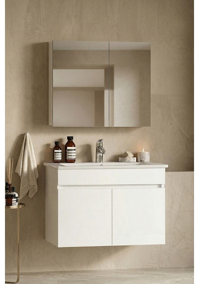 Lotus 75 Cm Beyaz Mdf Seramik Lavabolu Asma Banyo Dolabı Takımı