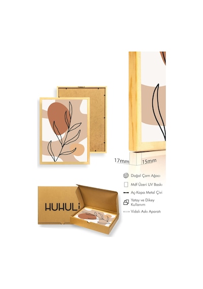Doğal Ahşap Çerçeveli Minimal Yaprak Desenli Tablo - Pastel Tonlar Huhu1384