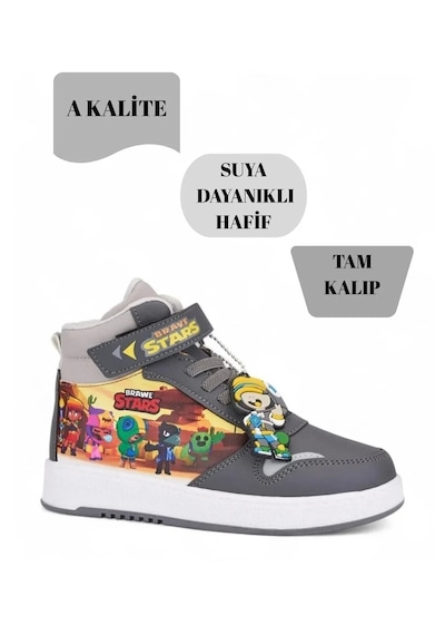 Nese Shoes Stars Baskılı Erkek Çocuk Spor Ayakkabısı, Sneaker Füme