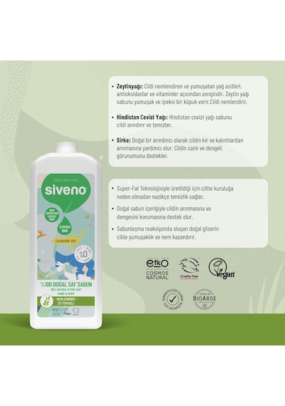 Siveno %100 Doğal Sıvı Kastil Sabun Zeytinyağlı Yoğun Nemlendirici Bitkisel Vegan 1 L