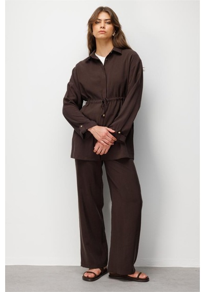 Mizalle Beli Büzgülü Modal Dokulu Kahverengi Tunik