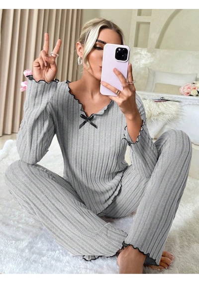 Bella Notte Gri Pamuklu Fiyonk Detaylı Pijama Takımı