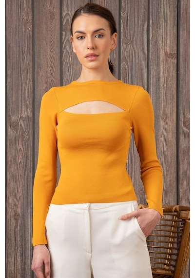 Aqe Fashion Kadın Degajeli Uzun Kollu Hardal Bluz-Hardal